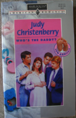 Judy Christenberry Who's The Daddy: An illustration of a pregnant red haired woman wearing a long shirt dress with her hand on her belly, with three guys standing around her looking concerned and hovering in a way that always annoys me when someone does that over my shoulder. One dude is in a shirt and jeans, one is in a suit, and the other is behind her so I can't tell what he's wearing.