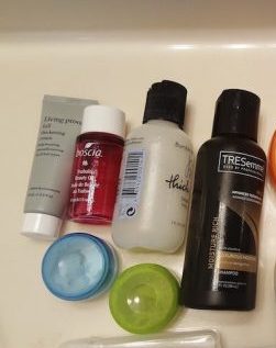 Potentially leaky things- shampoo, face wash, hair product, and face oil
