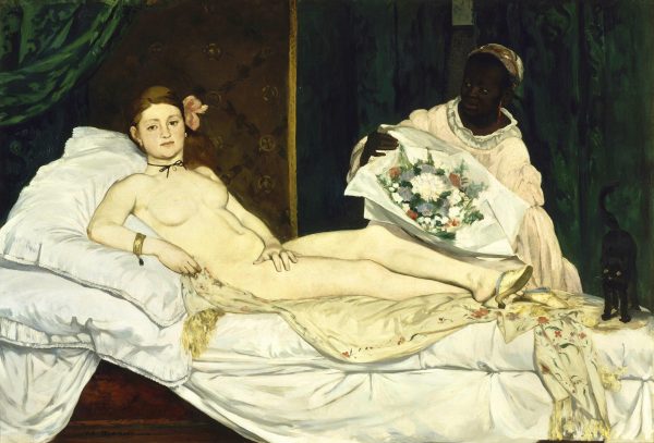 The painting Olympia by Manet. A nude woman reclines in bed. There's a flower in her hair and she wears a velvet choker. A Black woman presents her with a bouquet of flowers. A cat stands on the end of the bed.