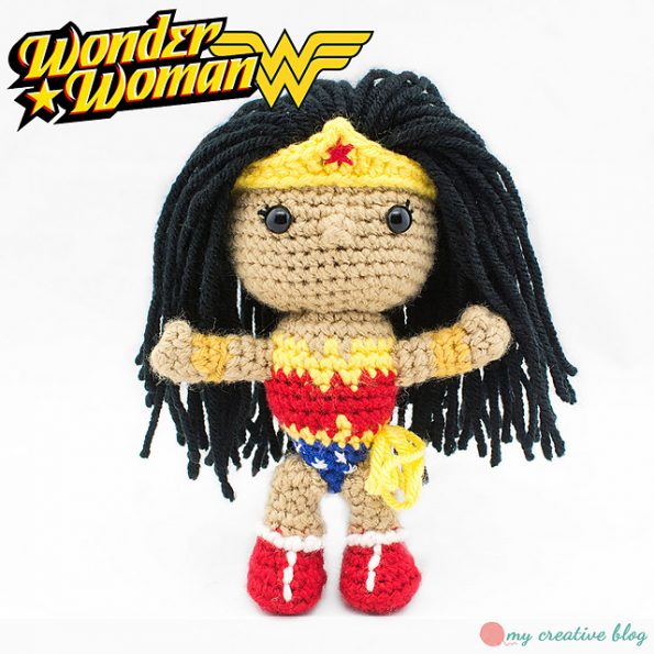 A small crocheted Wonder Woman doll.