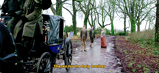 The carriage leaves and Sam, Drake, and D standing in the road. Sam: Thanks for the help, brother.