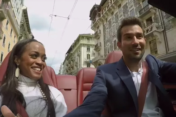 A close up of Bryan and Rachel going for a ride in The Very Fancy Car