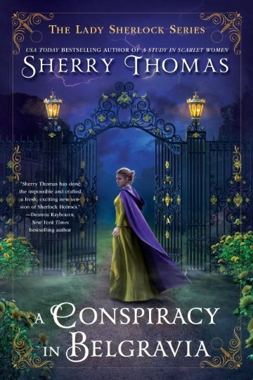 Draft cover of Conspiracy - a deep blue night sky with charlotte in a green dress and purple cape standing in a garden 