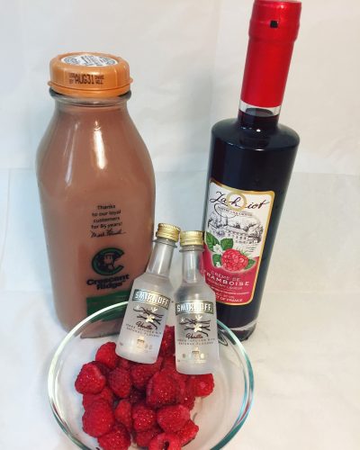 A photo of the ingredients you need for this chocolate raspberry martini