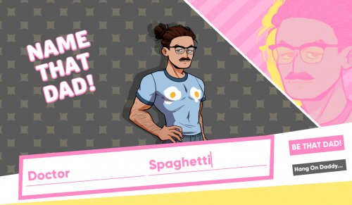 My dad-sona - a man in glasses, with a man bun and mustache. He's wearing a blue shirt with a fried egg print over his nipples