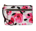 Wristlet purse with a rose design in pink with grey and black accents