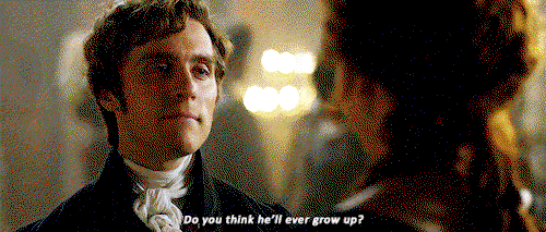 George, facing D, smugly asking Do you think he'll ever grow up?