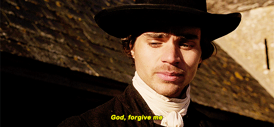 Sam Carne, in his black preacher clothes, asking God to forgive him