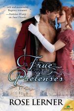 True Pretenses by Rose Lerner. The hero's red coat is being opened by the heroine. The hero also has some significant chest hair!
