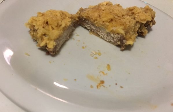 The cutlet cut open so you can see how very overcooked it is in the middle. So. Very. Overcooked. And Sad.