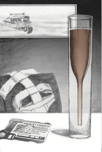The Fifth Element Divinian Image. A red drink in a tall class on a desk. The desk has an ID and uniform. There's a window near by with an airship outside.