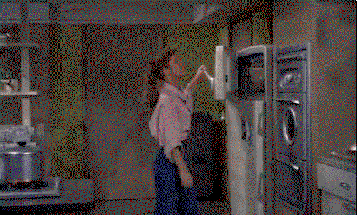 Debbie Reynolds opens the freezer door, then drapes herself against the fridge, head inside the freezer