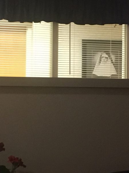 Looking out from the windows of the ICU waiting room into a brightly lit hallway, there is a super old photo of a nun who has dark shadows over her eyes and is clearly watching me sleep.