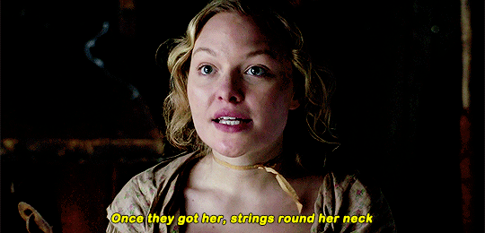 Emma, gesturing somewhat threateningly with a hook, saying Once they got her, strings around her neck.