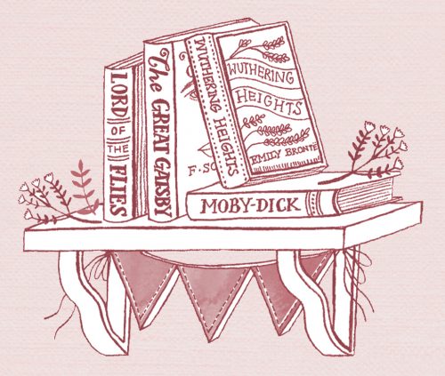 A collection of classic books on a shelf - Moby Dick, The Great Gatsby, Lord of the Flies, and Wuthering Heights
