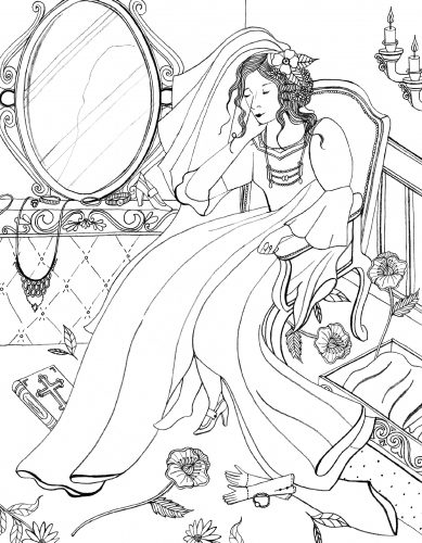 A black and white drawing of a pretty woman in a flowing dress, sitting in a chair with a large mirror nearby