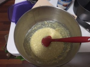 Beaten eggs, water, butter, and yeast.