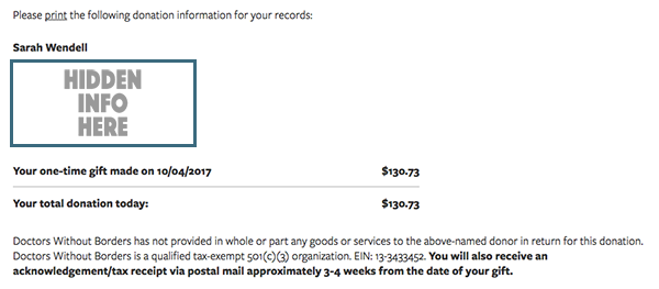 Receipt for donation of 130.73