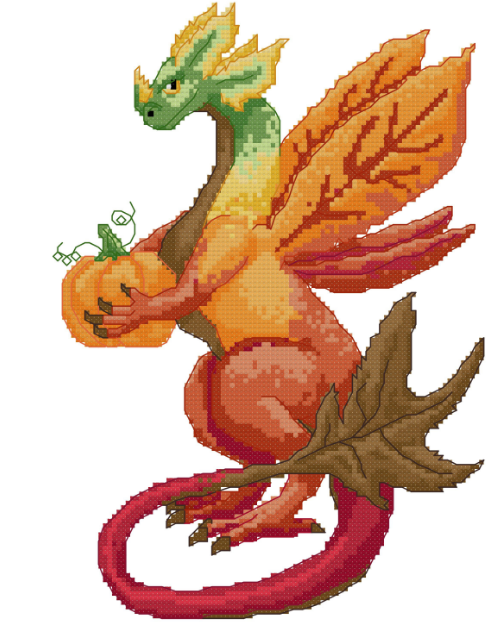 Autumn Dragon with green head orange leaft shaped wings a red body and a tail that goes from red to a brown oak leaf 