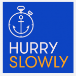 Hurry Slowly podcast with a stopwatch drawing with an anchor inside it followed by the words Hurry in white and slowly in gold