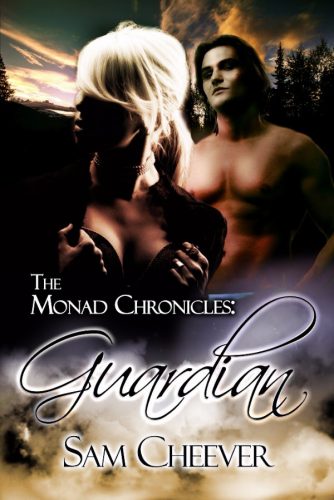 Guardian by Sam Cheever. A blonde woman is in the foreground, pushing up her boobs for some reason. The hero is behind her, shirtless. And the complexion of his face is a pale green compared with his tan chest. They're also standing in front of a very dark forest.
