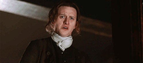 Goiter Geordie, looking disgusted with jamie's immorality, leaving the printshop and taking the ash he was sent to fetch, because he's petty like that. I love him.