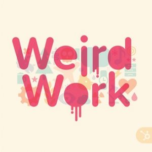 Weird Work logo with bubble style letters in dark pink against a yellow background on top of splotches of different colors 