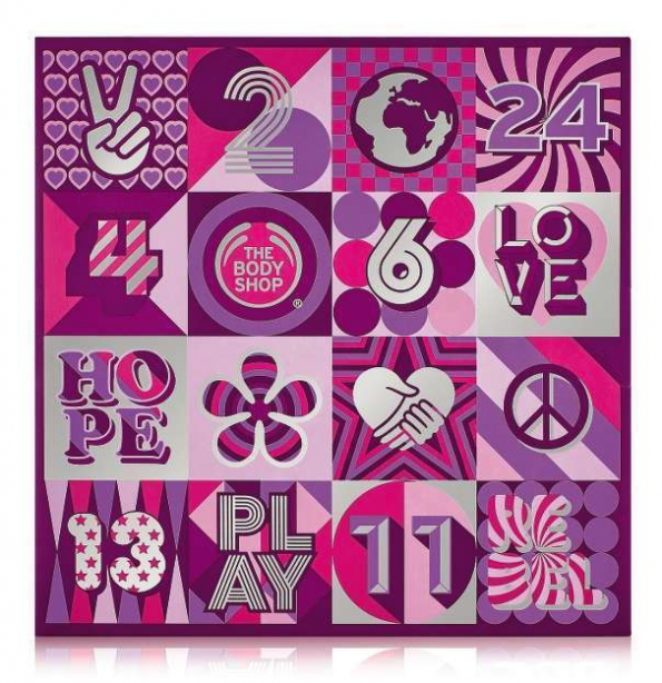 Body Shop Advent calendar box with 24 little compartments and little gifts inside