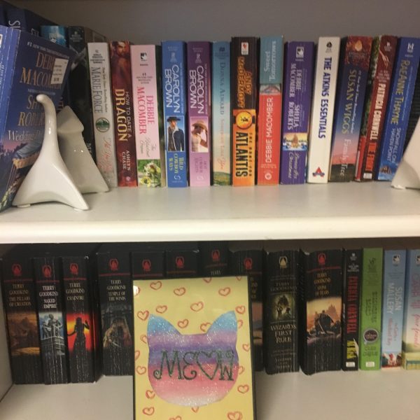 A bookshelf lined with used paperbacks, including romance novels.