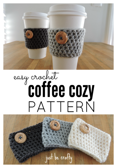 On the top two Starbuck-sy looking cups sit on a table with gray and black cozies around the middle. Beneath that are three cozies in nuetral tones laid out on a table.