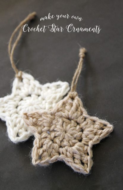 Two crocheted star ornaments are displayed against a gray background.