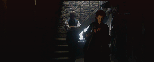 Jeanne and Jamie in the basement as Sir P searches for casks that are not there. Jamie is studiously relaxed, Jeanne is pacing like a lioness on the hunt. Don't tell me she doesn't have a plan to kill everyone in the room.