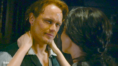 Jamie, looking back with an equally schmoopy look, but also acupuncture needles in his face.