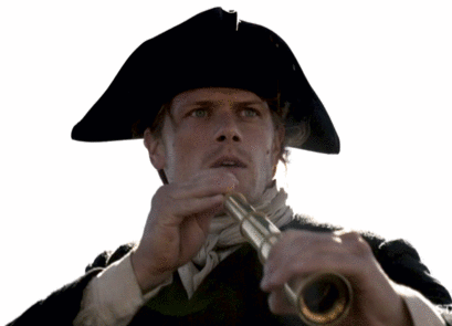 Jamie, on deck with a spyglass and his tricorn hat. Basically he looks like a disreputable pirate.