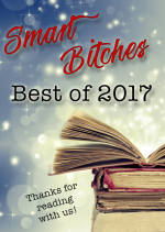 Smart Bitches Best of 2017 with glitter and a stack of old books with Thanks for reading with us! written beneath