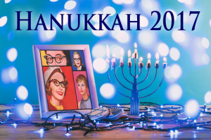 A menorah against a blue and white background with the original ladies quadrant in a frame next to the menorah