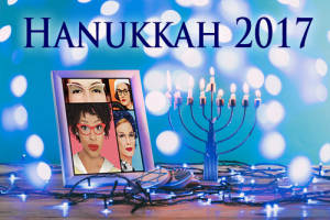 A menorah against a blue and white background with the new ladies quadrant in a frame next to the menorah
