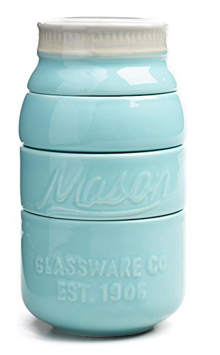 Blue Mason Jar Measuring Cups stacked into a light blue mason jar shaped tower
