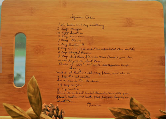 Bamboo cutting board laser engraved with handwritten personal family recipe