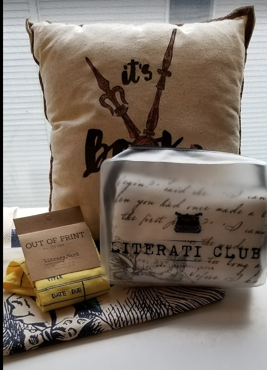 Book O Clock pillow, Pride and prejudice scarf, and out of print socks and tote