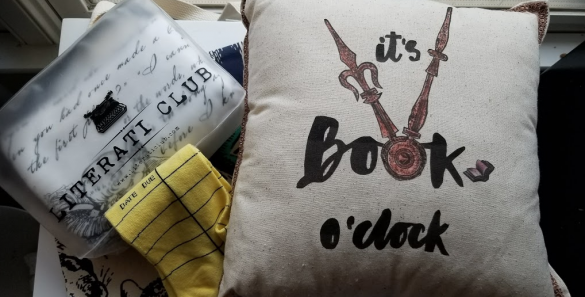 Book O Clock pillow, pride and prejudice infinity scarf, out of print socks and tote