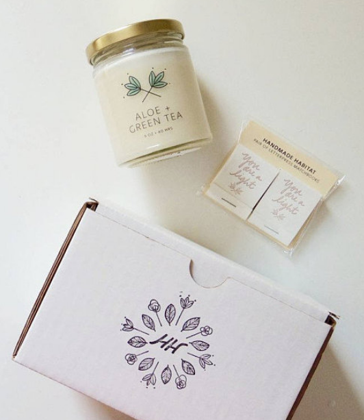 Handmade Habitat candle box with candle, extra gift, and stamped box