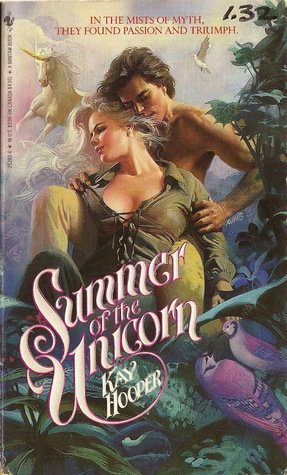 Summer of the Unicorn by Kay Hooper. The original cover from the eighties. A unicorn is in the background with an embracing couple in the middle. The woman is dressed like Robin Hood and also showing ample cleavage. They are surrounded by bright green bushes and a pair of purple birds are clearly staring.