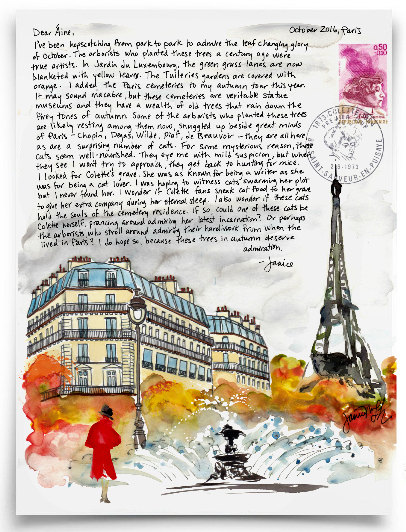 Paris Letter Autumn Trees illustrated with Eiffel Tower and letter hand written and copied
