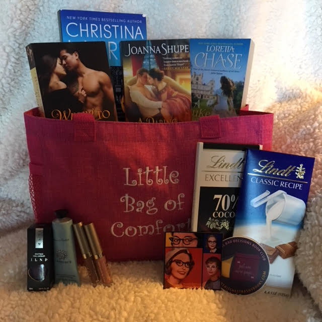 The Little Bag of Comfort is displayed on my couch along with everything it contains.