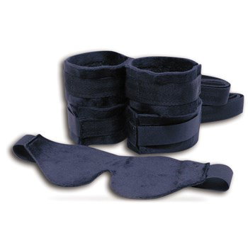 Beginners Bondage Fantasy. A set of four black padded cuffs and a blindfold.