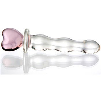 Crystal Heart Of Glass. A glass dildo with a pink heart handle on top.