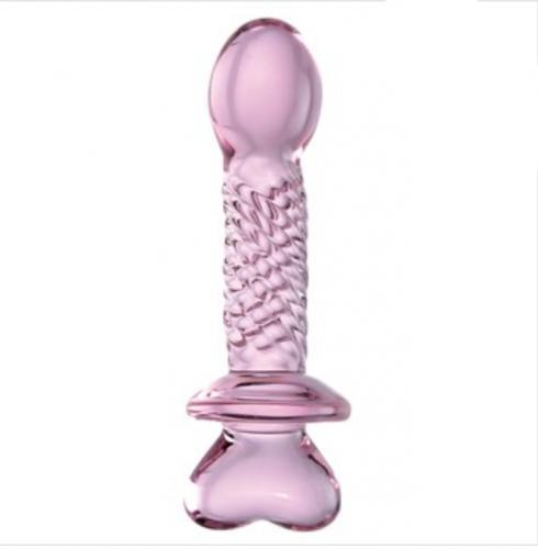 Icicles Pink Heart Swirled Glass Dildo. A pink, glass dildo with a heart-shaped handle and a textured shaft.