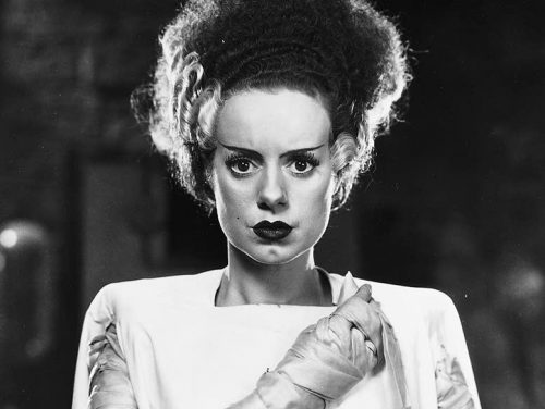 Our lady and savior, Elsa Lanchester in Bride of Frankenstein in black and white with sharp eyebrows and an immense bouffant with a jagged white stripe