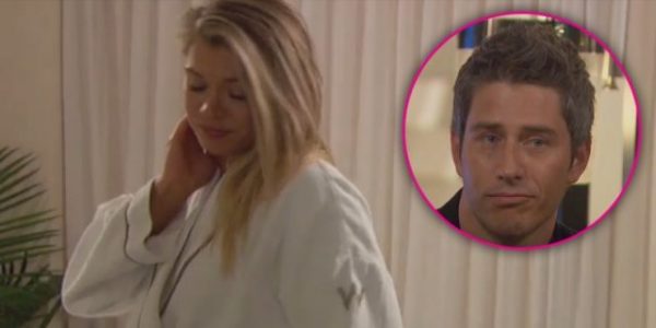 Krystal is wearing her bathrobe and there's a shot of Arie looking confused in a bubble above her.